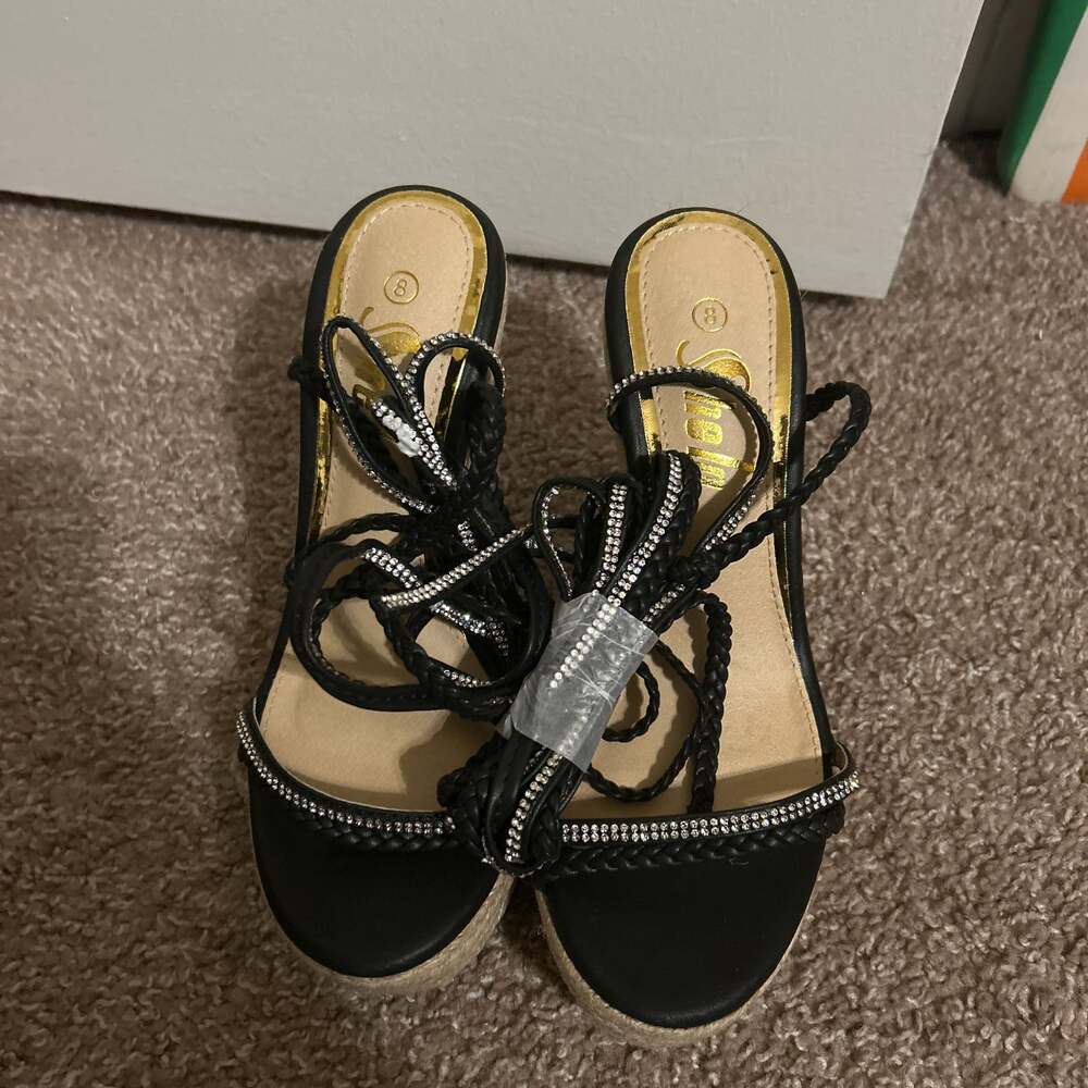 Black Rhinestone Embellished Wedge Sandals